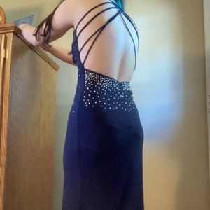 B Darlin strap back navy form fitting prom dress with jewels good condition